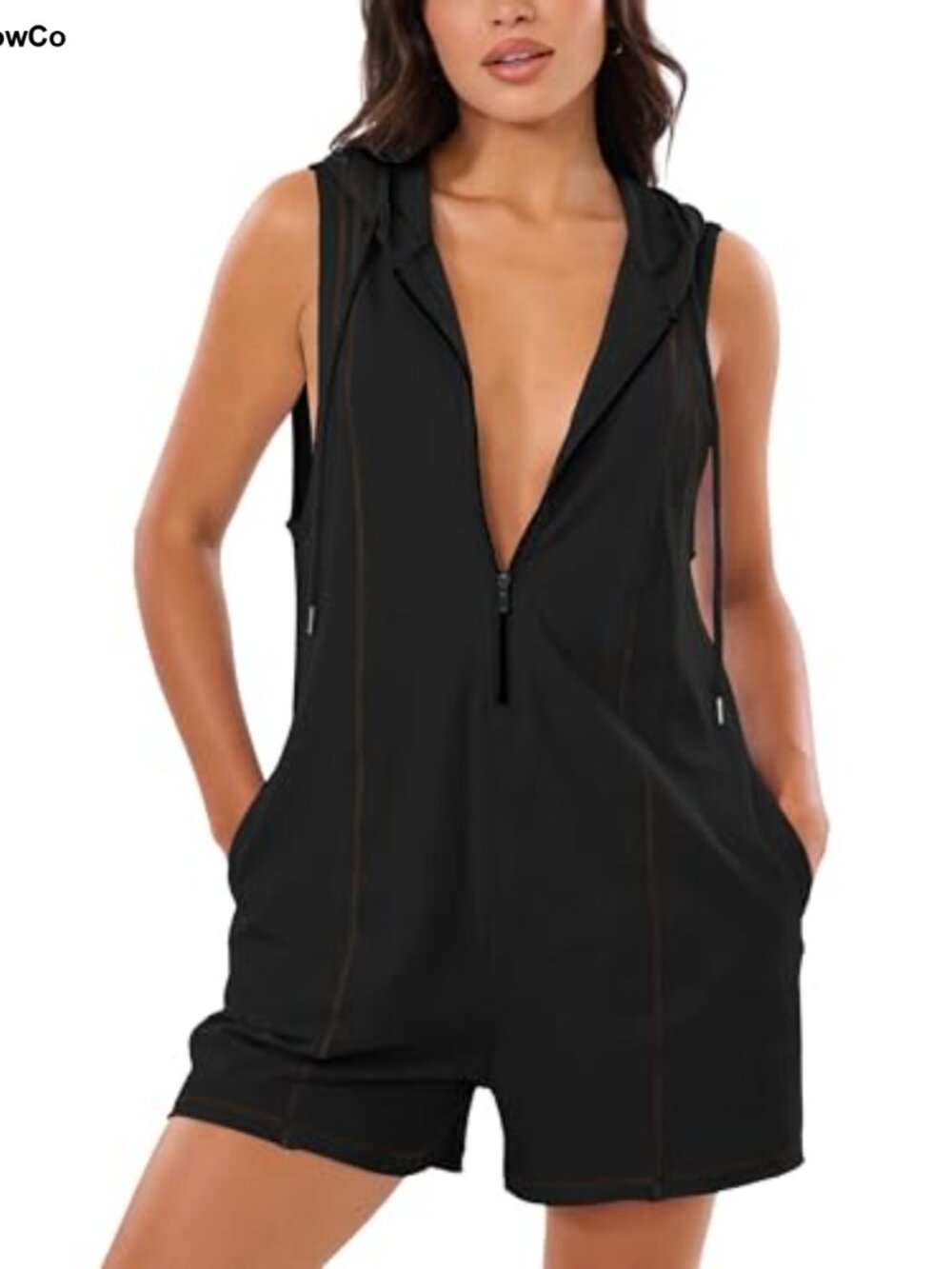 Women's Cotton Spandex Hooded Half Zip Overall Romper Summer One Piece